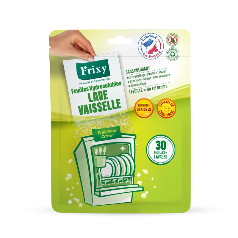 Sachet de 30 **feuilles lave-vaisselle** hydrosolubles FRIXY au citron, alternative aux tablettes **sans plastique**.