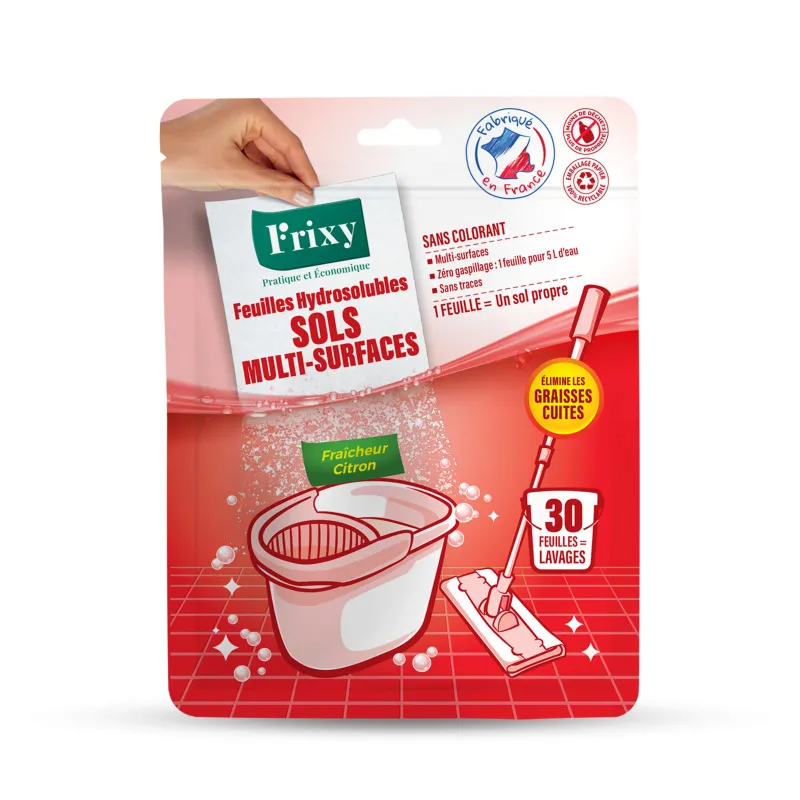 Sachet de 30 feuilles de **nettoyant sol multi-surfaces en feuilles** FRIXY au parfum Citron.