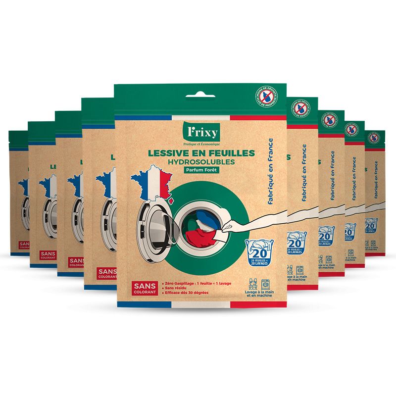 9 sachets lessive en feuille hydrosolubles Frixy parfum forêt 180 lavages