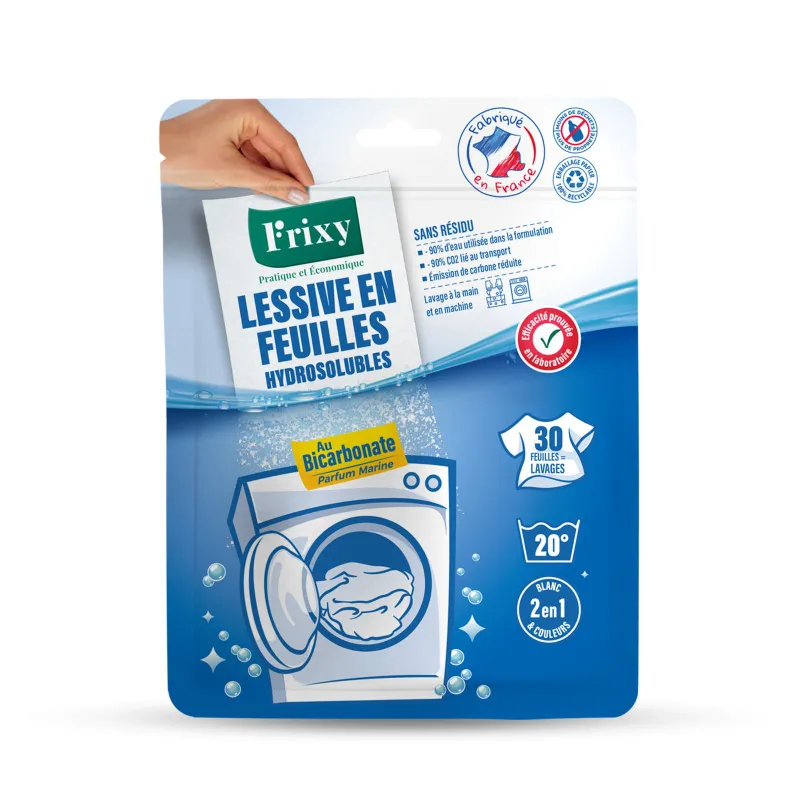 Sachet de 30 feuilles de lessive en feuilles au bicarbonate et parfum marine de la marque FRIXY.