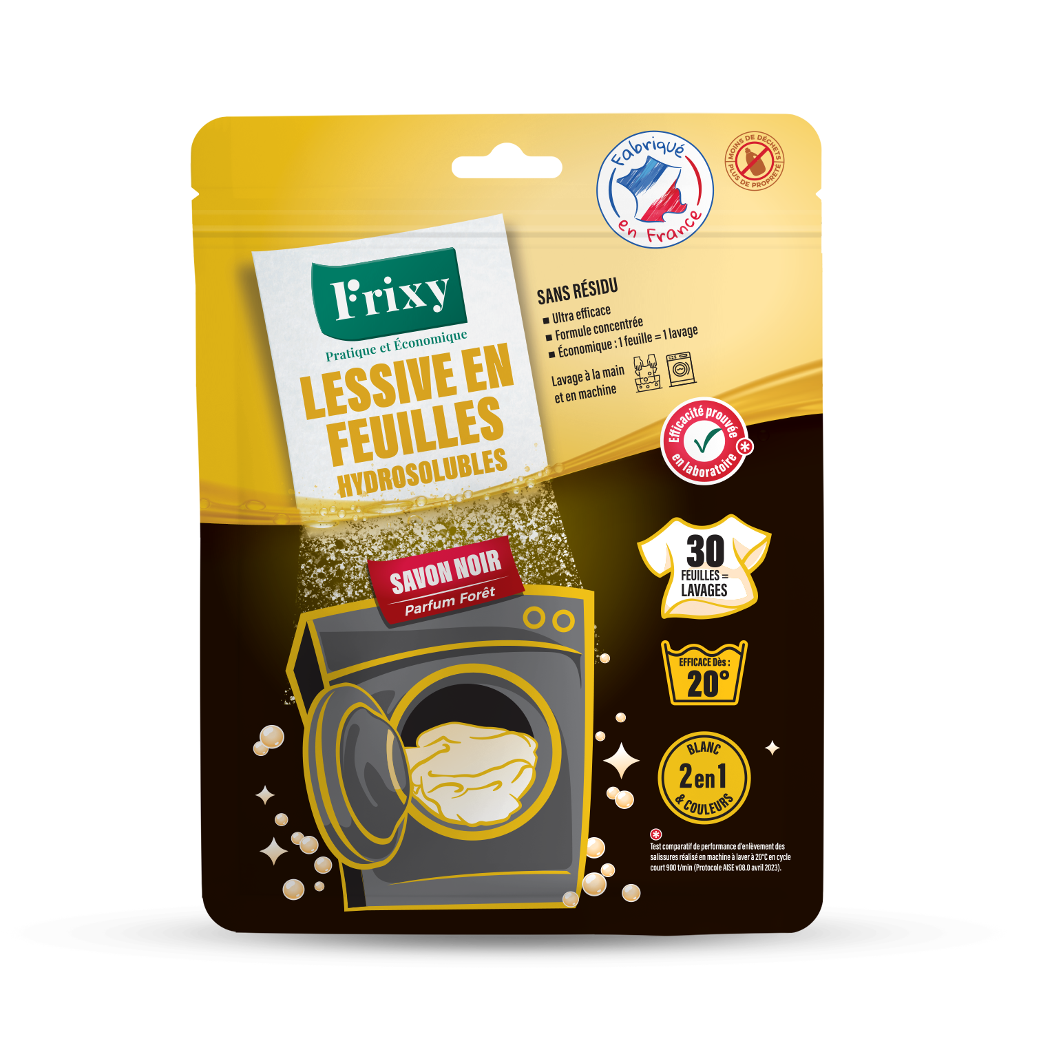 Lessive en feuilles hydrosolubles Frixy – Savon Noir Parfum Forêt – 1 sachet 30 feuilles – – Fabriquée en France
