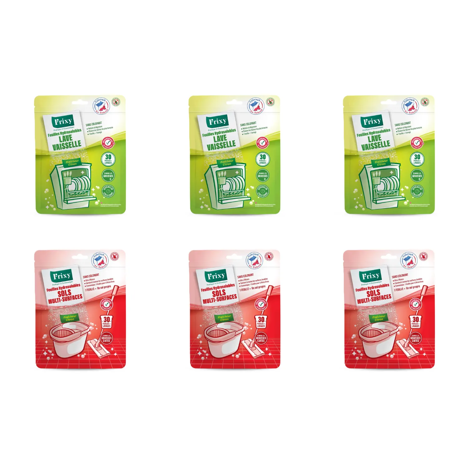 Pack entretien maison en feuilles FRIXY – 6 sachets lave-vaisselle et sols multi-surfaces